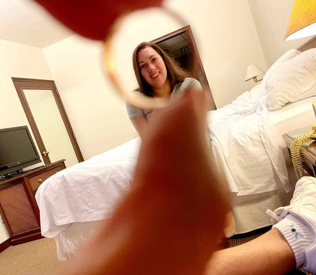 Hotel room on your wedding night through the lens of your wedding ring.